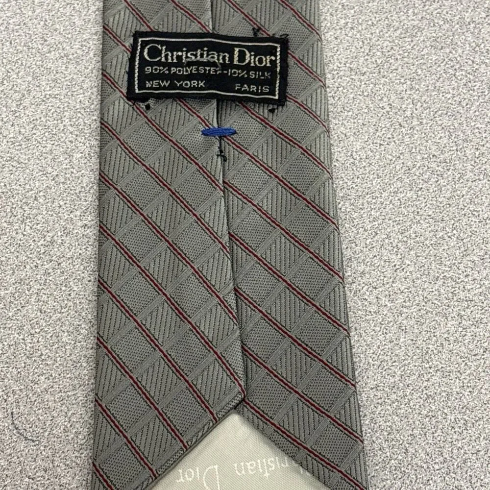 Lot Of 2 Christian Dior Tie Necktie, Silk Blend, Beige, Gray, Embroidered Logo